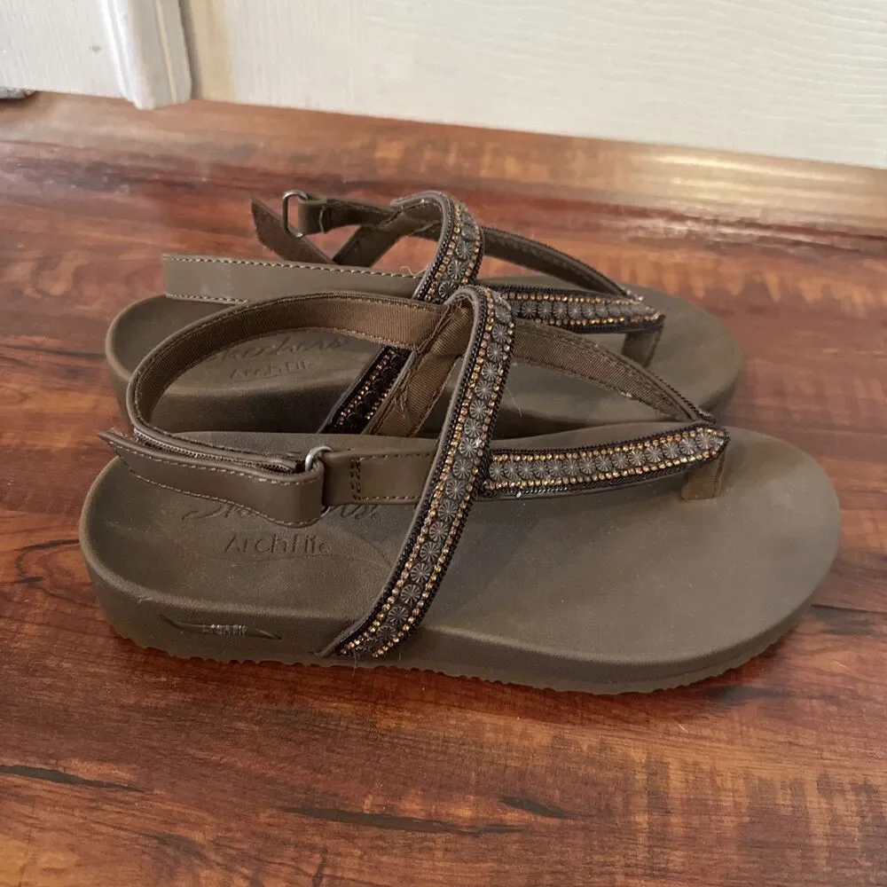 Skechers Arch Fit Womens Sandals Brown US 7 Rhinestone Hook And Loop Ankle Strap - Picture 2 of 14